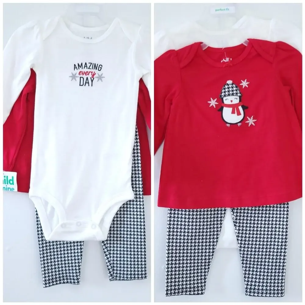 New 12 Month Girls 3 Piece Set, Houndstooth, Two Shirt, Pants Holiday Christmas